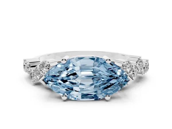 Fancy Blue Marquise Cut Diamond Scattered Round Accent Ring with Prong Setting White gold