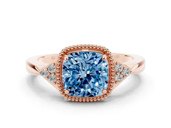 Fancy Blue Hexagonal Halo Cushion Cut Diamond Solitaire with Pavé Band and Four-Prong Setting Rose gold