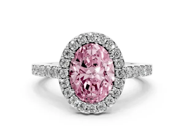 Fancy Pink Oval Cut Halo Diamond Pavé Solitaire Ring Platinum