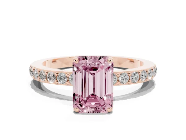 Fancy Pink Emerald Cut Diamond Pavé Engagement Ring with Round Accents and Prong Setting Rose gold