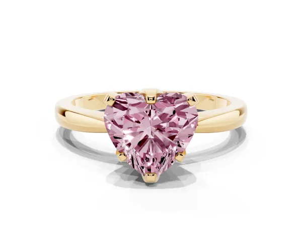 Fancy Pink Heart Cut Solitaire Engagement Ring with Six-Prong Setting and Tapered Band Yellow gold