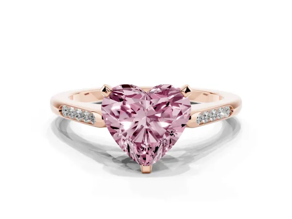 Fancy Pink Heart Cut Diamond Solitaire Ring with Channel Set Round Band and Prong Setting Rose gold