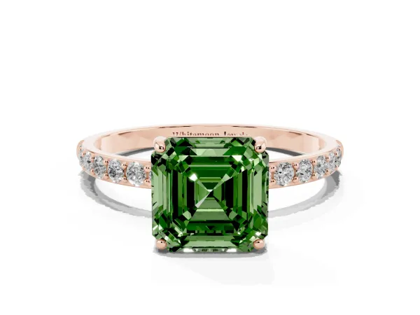 Fancy Green Asscher Cut Diamond Solitaire Ring with Round Pavé Shoulders and Prong Setting Rose gold