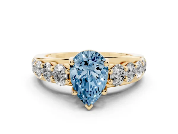 Fancy Blue Pear Cut Diamond Engagement Ring with Pavé Band and Four-Prong Setting Yellow gold