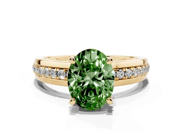 Fancy Green Oval Cut Solitaire Diamond Ring with Channel Set Band and Six-Prong Setting Yellow gold