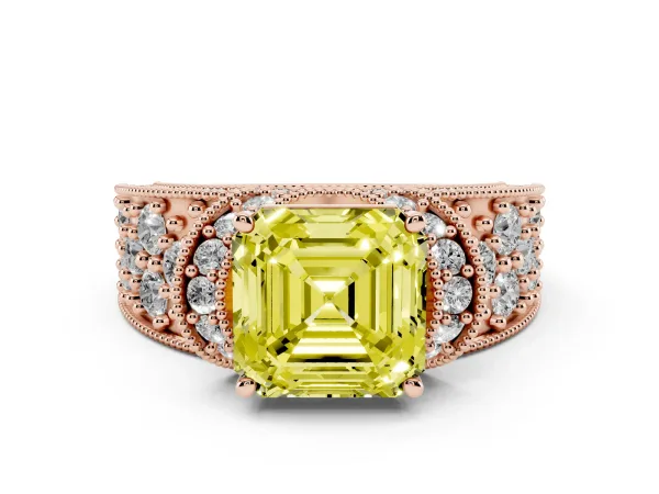 Fancy Yellow Asscher Cut Halo Pave Diamond Engagement Ring with Milgrain Detailing Rose gold