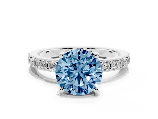 Fancy Blue Round Cut Cut Diamond Solitaire with Pave Band and Four-Prong Setting White gold