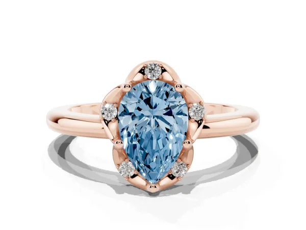 Fancy Blue Pear Cut Halo Diamond Ring with Round Cluster Setting, Solitaire Band, and Four-Prong Setting Rose gold