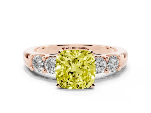 Fancy Yellow Cushion Cut Brilliant Cut Diamond Five-Stone Prong Set Engagement Ring with Channel Band Rose gold