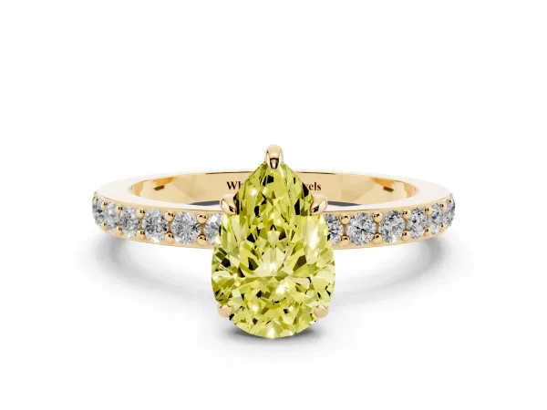 Fancy Yellow Pear Cut Diamond Pavé Engagement Ring with Round Accents and Prong Setting Yellow gold