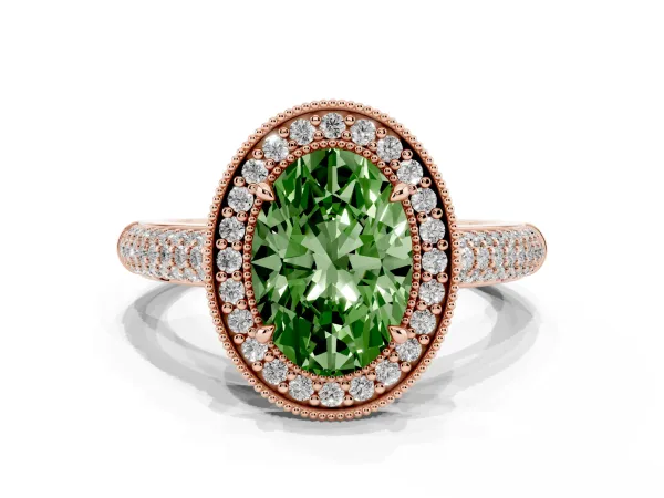 Fancy Green Oval Cut Cut Halo Diamond Pave Band with Four-Prong Setting Rose gold