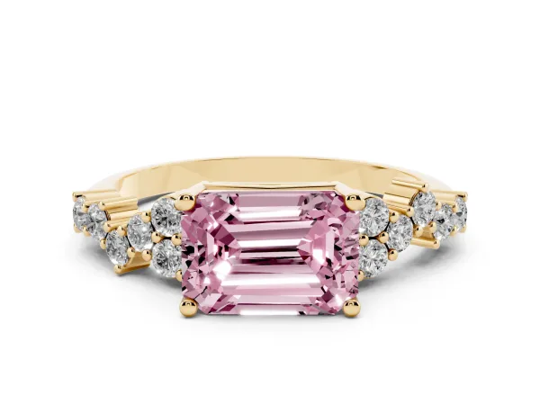 Fancy Pink Emerald Cut Diamond Scattered Round Accent Ring with Prong Setting Yellow gold