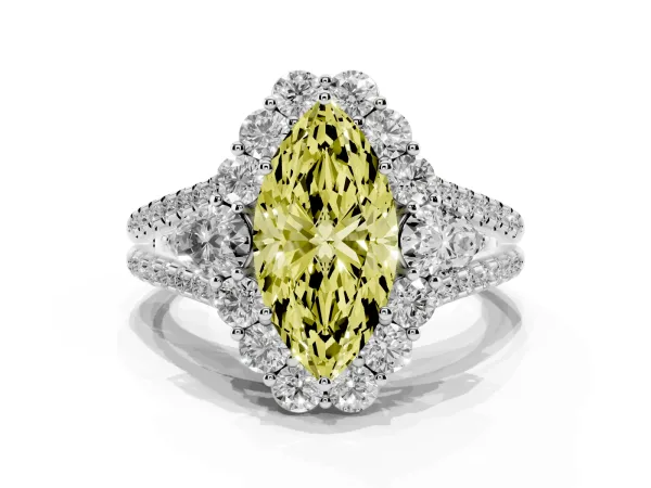 Fancy Yellow Marquise Cut Halo Split Shank Diamond Engagement Ring with Prong Setting Platinum