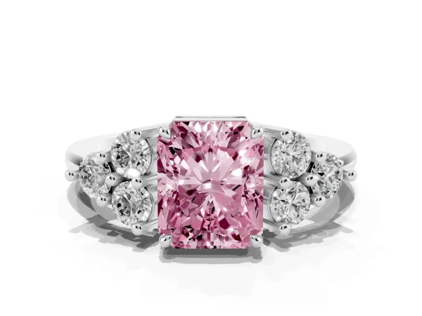 Fancy Pink Radiant Cut Brilliant Diamond Cluster Accent Solitaire Ring with Prong Setting Platinum