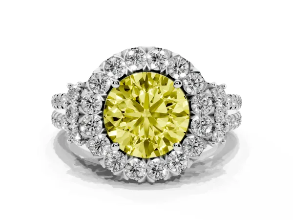 Fancy Yellow Round Cut Cut Double Halo Diamond Engagement Ring with Pave Band and Four-Prong Setting White gold