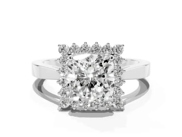 Cushion Cut Cut Diamond Halo Ring with Round Brilliant Halo and Solitaire Band White gold