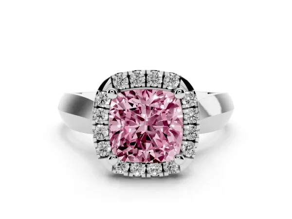 Fancy Pink Cushion Cut Cut Halo Solitaire Engagement Ring with Square Band and Four-Prong Setting Platinum