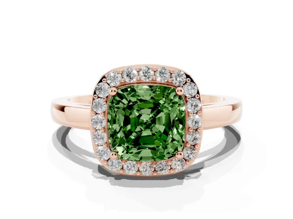 Fancy Green Cushion Cut Halo Diamond Ring with Solitaire Band and Prong Setting Rose gold