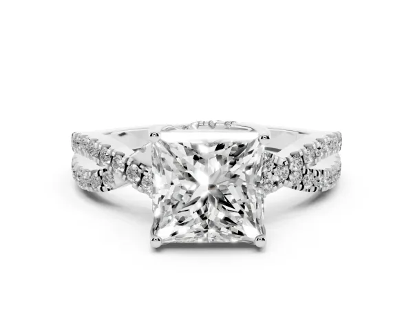 Princess Cut Solitaire Twist Pave Diamond Engagement Ring with Prong Setting Platinum