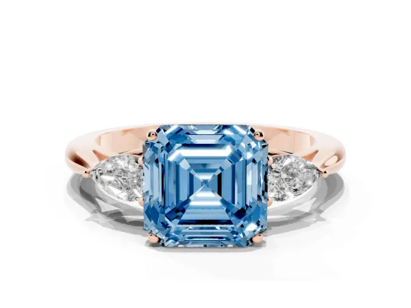 Fancy Blue Asscher Cut Diamond Three-Stone Ring with Pear Side Stones and Prong Setting Rose gold