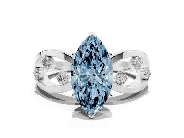 Fancy Blue Marquise Cut Cut Solitaire Diamond with Side Stones on Criss-Cross Band and Four-Prong Setting Platinum