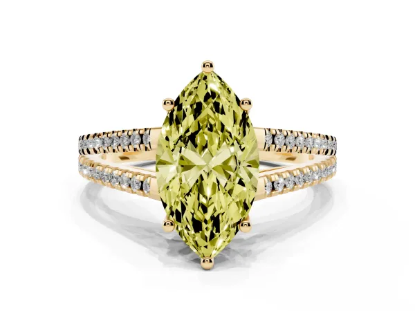 Fancy Yellow Marquise Cut Diamond Solitaire Engagement Ring with Split Shank Pavé Band Yellow gold