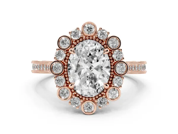 Oval Cut Halo Milgrain Pave Diamond Ring with Four-Prong Setting Rose gold