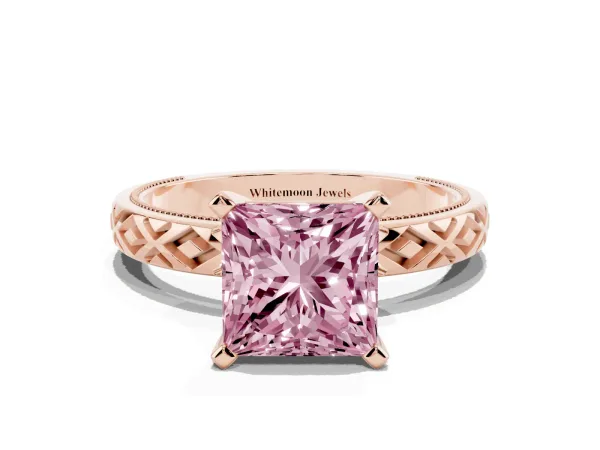 Fancy Pink Princess Cut Solitaire Diamond Ring with Milgrain and Black Enamel X Pattern Band Rose gold