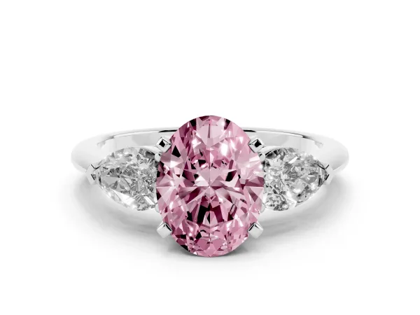 Fancy Pink Three-Stone Oval Cut Diamond Ring with Pear Side Stones and Four-Prong Setting Platinum