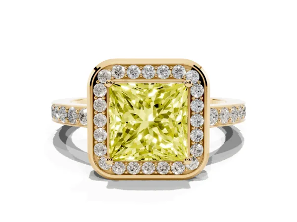 Fancy Yellow Princess Cut Diamond Halo Ring with Bezel Frame and Pavé Band Yellow gold