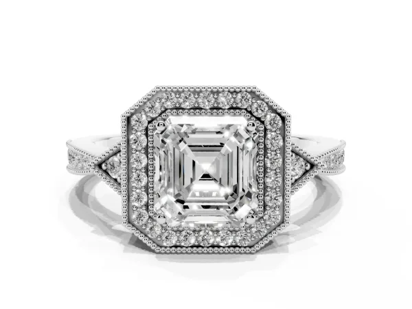 Asscher Cut Halo Round Diamond Milgrain Pave Engagement Ring Platinum