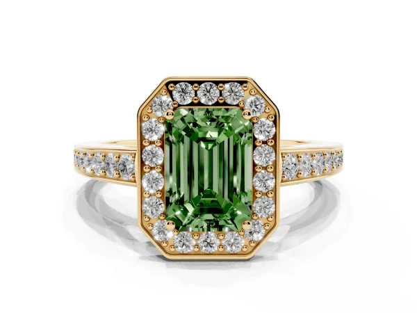 Fancy Green Emerald Cut Halo Pavé Diamond Engagement Ring with Bezel Setting Yellow gold
