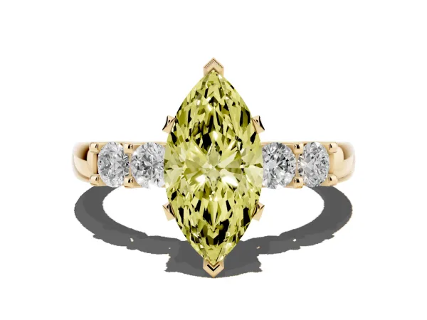 Fancy Yellow Marquise Cut Brilliant Cut Diamond Five-Stone Prong Set Engagement Ring with Channel Band Yellow gold