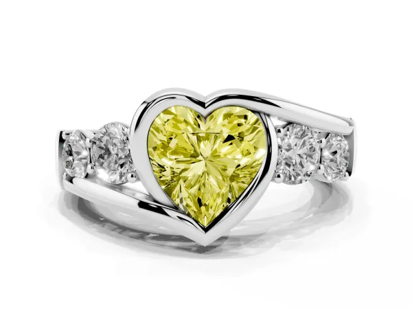 Fancy Yellow Bezel Set Heart Cut Diamond Bypass Ring with Round Accents White gold