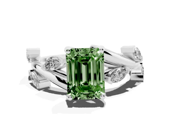 Fancy Green Emerald Cut Solitaire Twisted Band Marquise Accent Prong Setting Ring White gold