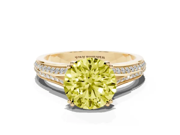 Fancy Yellow Round Cut Diamond Split Shank Engagement Ring with Pavé Band Yellow gold