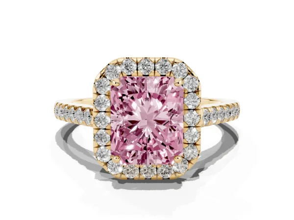Fancy Pink Radiant Cut Halo Pave Diamond Engagement Ring with Four-Prong Setting Yellow gold