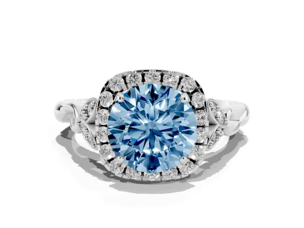 Fancy Blue Round Cut Halo Diamond Engagement Ring with Vintage-Inspired Band and Four-Prong Setting White gold