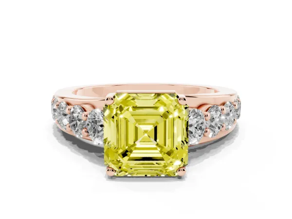 Fancy Yellow Asscher Cut Diamond Engagement Ring with Pavé Band and Four-Prong Setting Rose gold