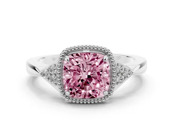 Fancy Pink Hexagonal Halo Cushion Cut Diamond Solitaire with Pavé Band and Four-Prong Setting White gold