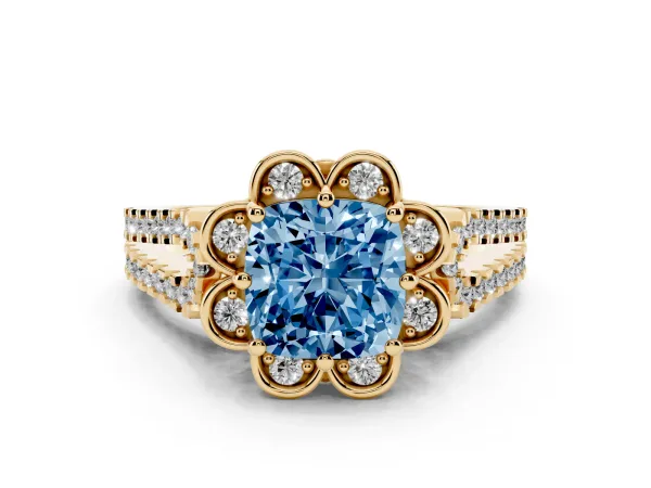 Fancy Blue Cushion Cut Halo Diamond Floral Split Shank Engagement Ring Yellow gold