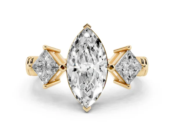 Three-Stone Marquise Cut and Princess Cut Diamond Ring with Channel Band and Four-Prong Setting Yellow gold