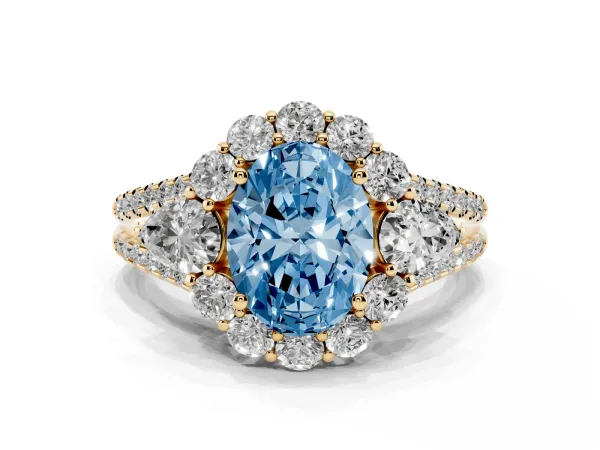Fancy Blue Oval Cut Halo Split Shank Diamond Engagement Ring with Prong Setting Yellow gold