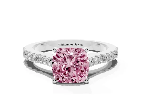 Fancy Pink Cushion Cut Cut Solitaire Diamond Engagement Ring with Pave Band and Four-Prong Setting Platinum