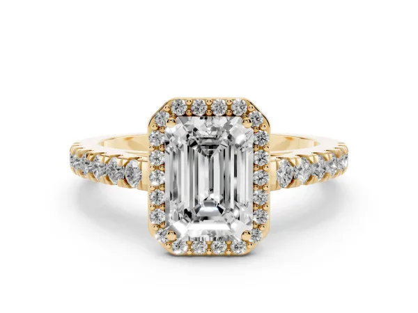 Emerald Cut Cut Halo Diamond Engagement Ring with Pave Band and Four-Prong Setting Yellow gold