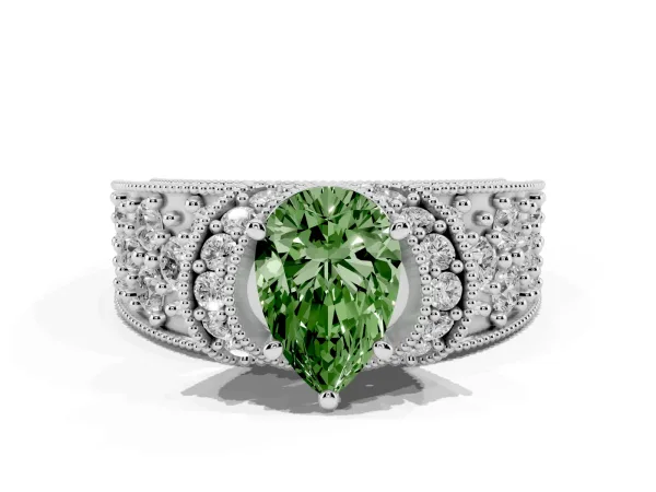Fancy Green Pear Cut Halo Pave Diamond Engagement Ring with Milgrain Detailing Platinum