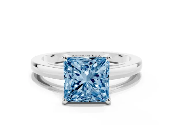 Fancy Blue Princess Cut Solitaire Diamond Engagement Ring with Four-Prong Setting on a Classic Band White gold