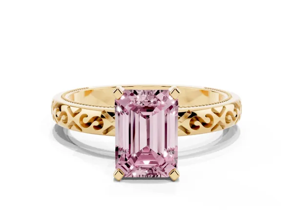 Fancy Pink Emerald Cut Solitaire Engagement Ring with Scrollwork Band and Four-Prong Setting Yellow gold