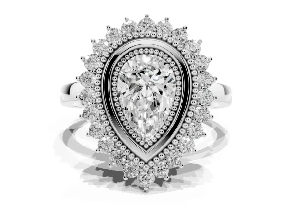 Pear Cut Halo Diamond Ring with Milgrain Edge and Round Prong Setting White gold