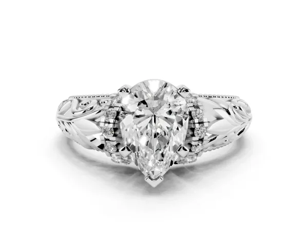 Pear Cut Solitaire Filigree Engagement Ring with Halo and Prong Setting Platinum